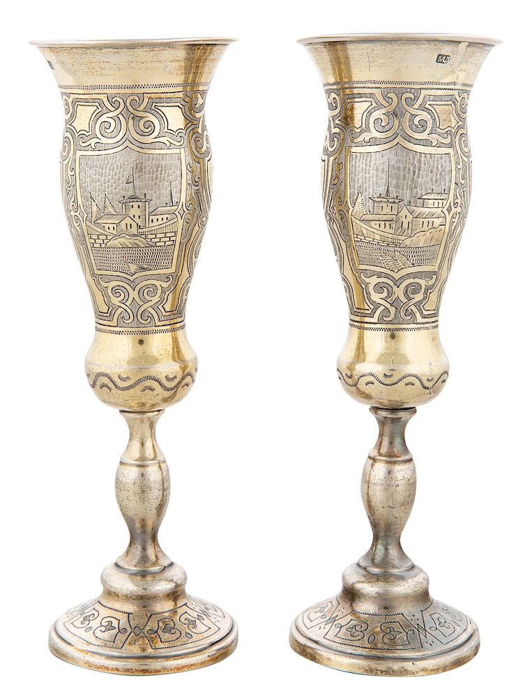 Appraisal: A PAIR OF RUSSIAN SILVER CHAMPAGNE FLUTES WORKMASTER MIKHAIL DIMITRIEV