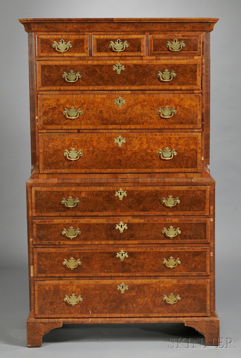 Appraisal: Burled Walnut Chest-on-chest top section with a row of three