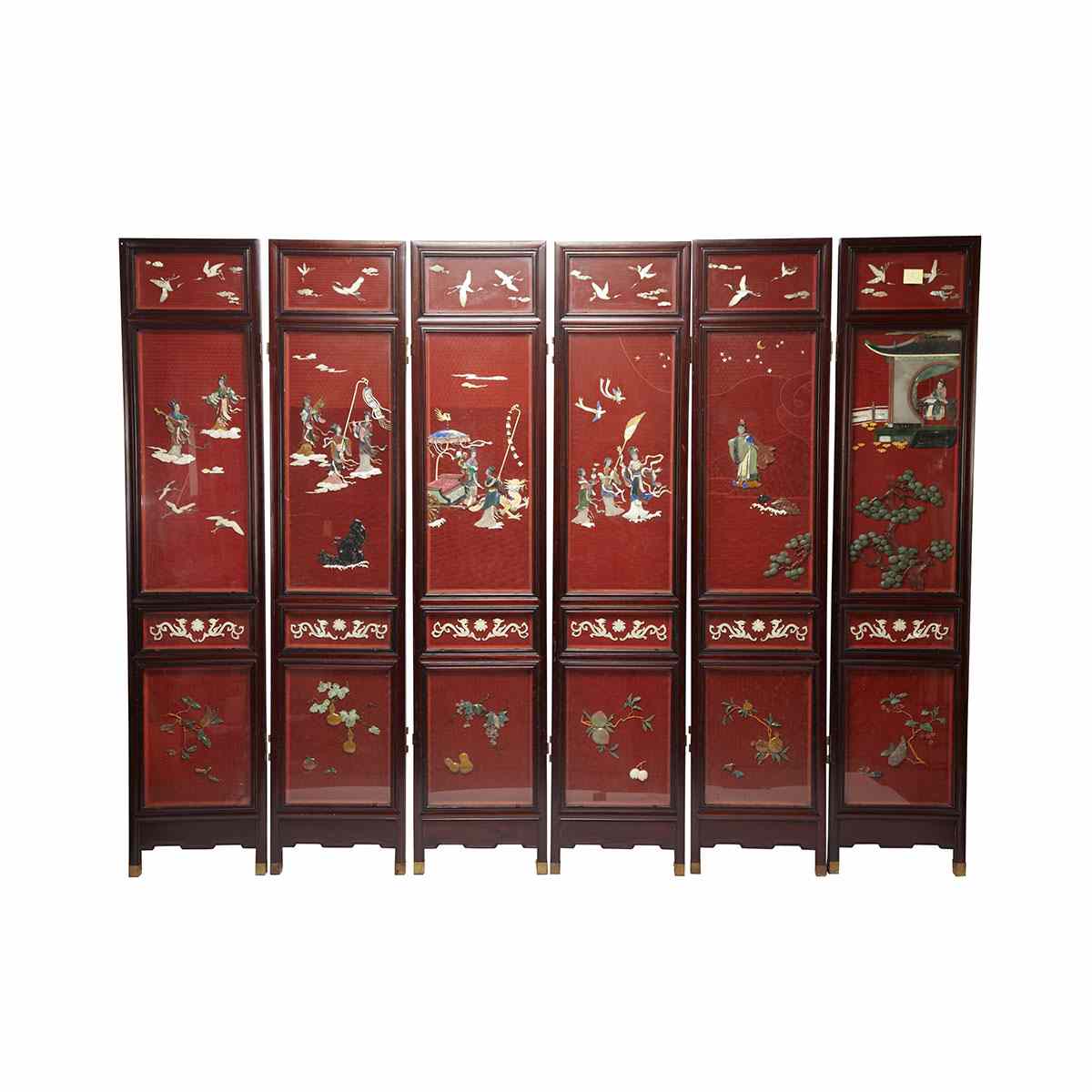 Appraisal: Six-Panel Cinnabar Lacquer and Hardstone Inlay Floor Screen Mid- th