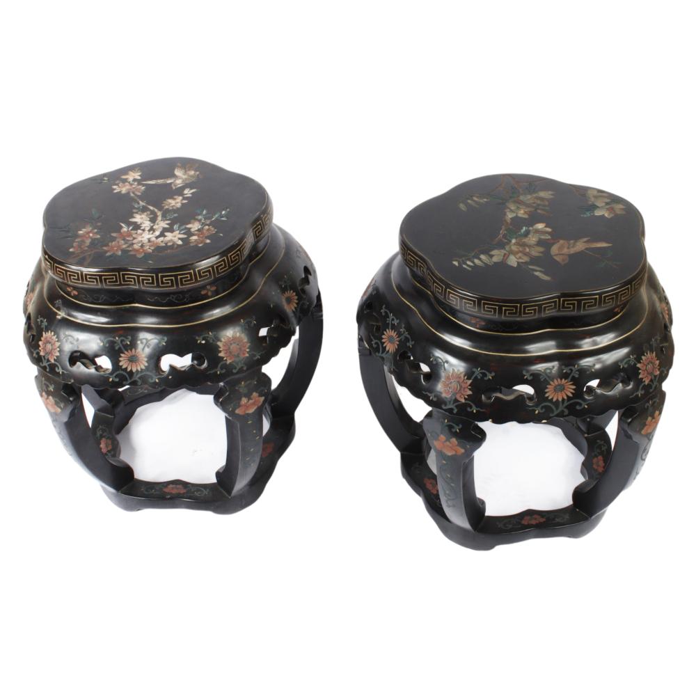 Appraisal: PAIR CHINESE BLACK LACQUER EBONIZED CARVED CHINOISERIE STOOLS STANDS WITH