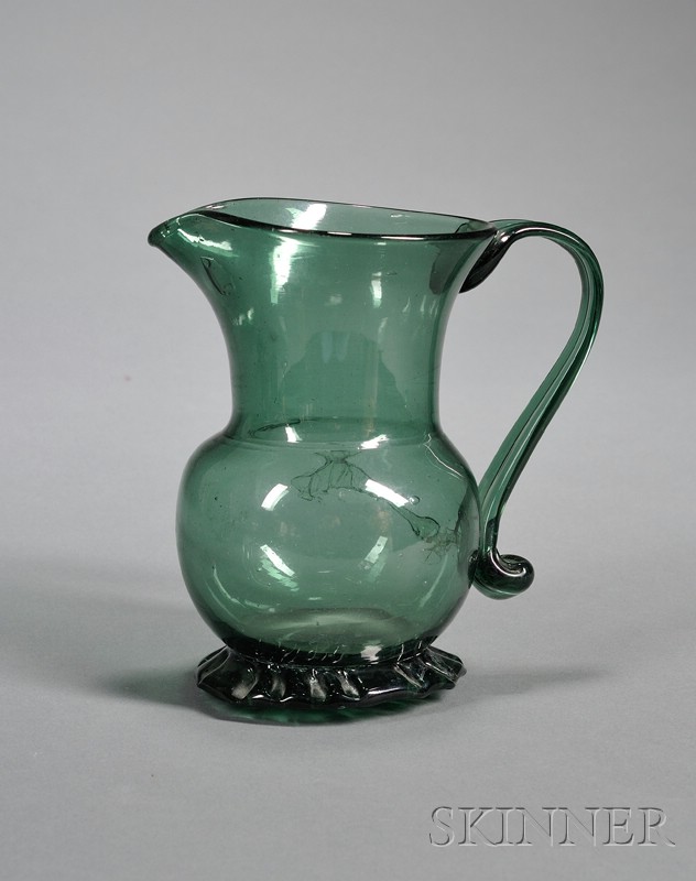 Appraisal: Early Free-blown Smoky Green Glass Pitcher America early th century