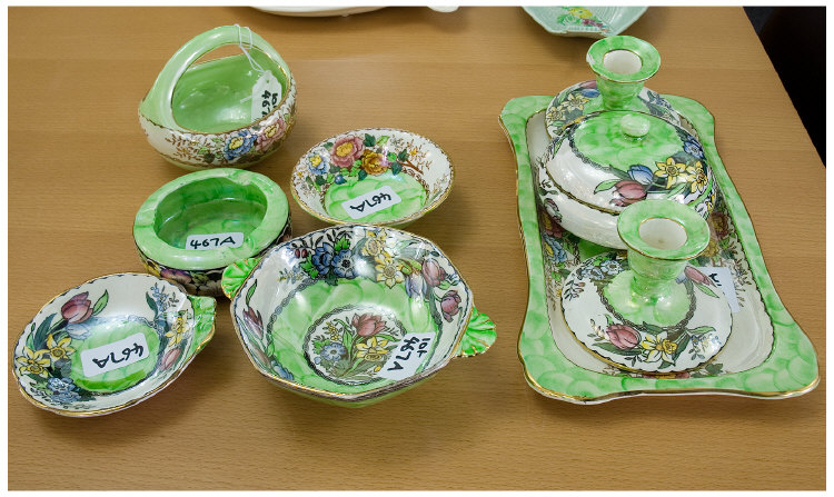 Appraisal: Maling Ware Dressing Table Set 'green thumb print' comprising tray