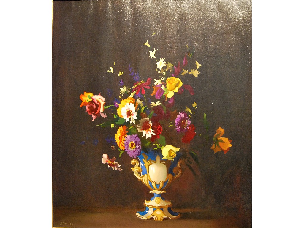 Appraisal: Barnes - Still life of flowers in porcelain urn signed