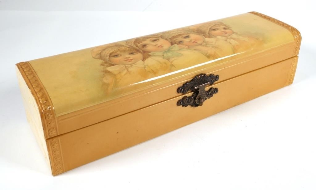 Appraisal: Celluloid box with image of four young girls Floral scroll