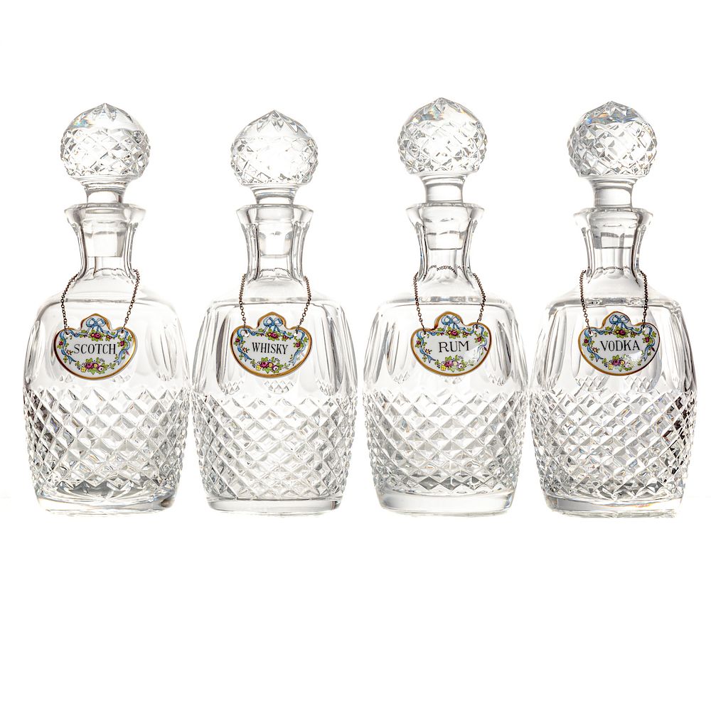 Appraisal: Four Glass Decanters With Coalport Liquor Tags Molded glass decanters