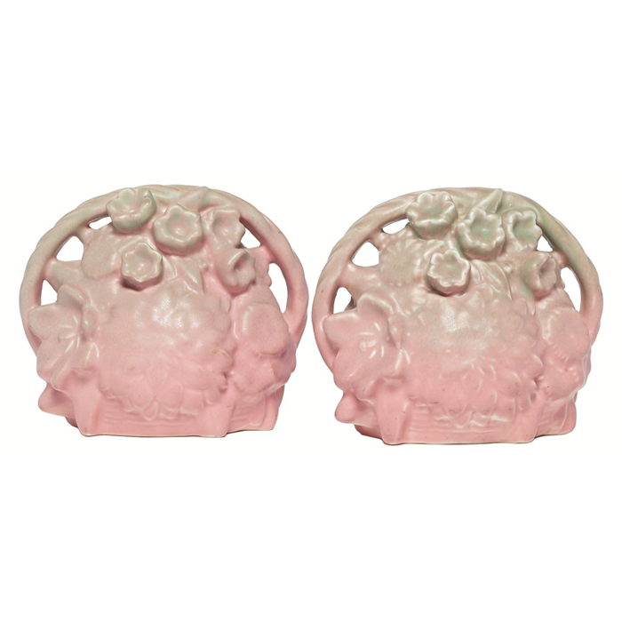 Appraisal: Rookwood bookends pair basket of flowers covered in a pink