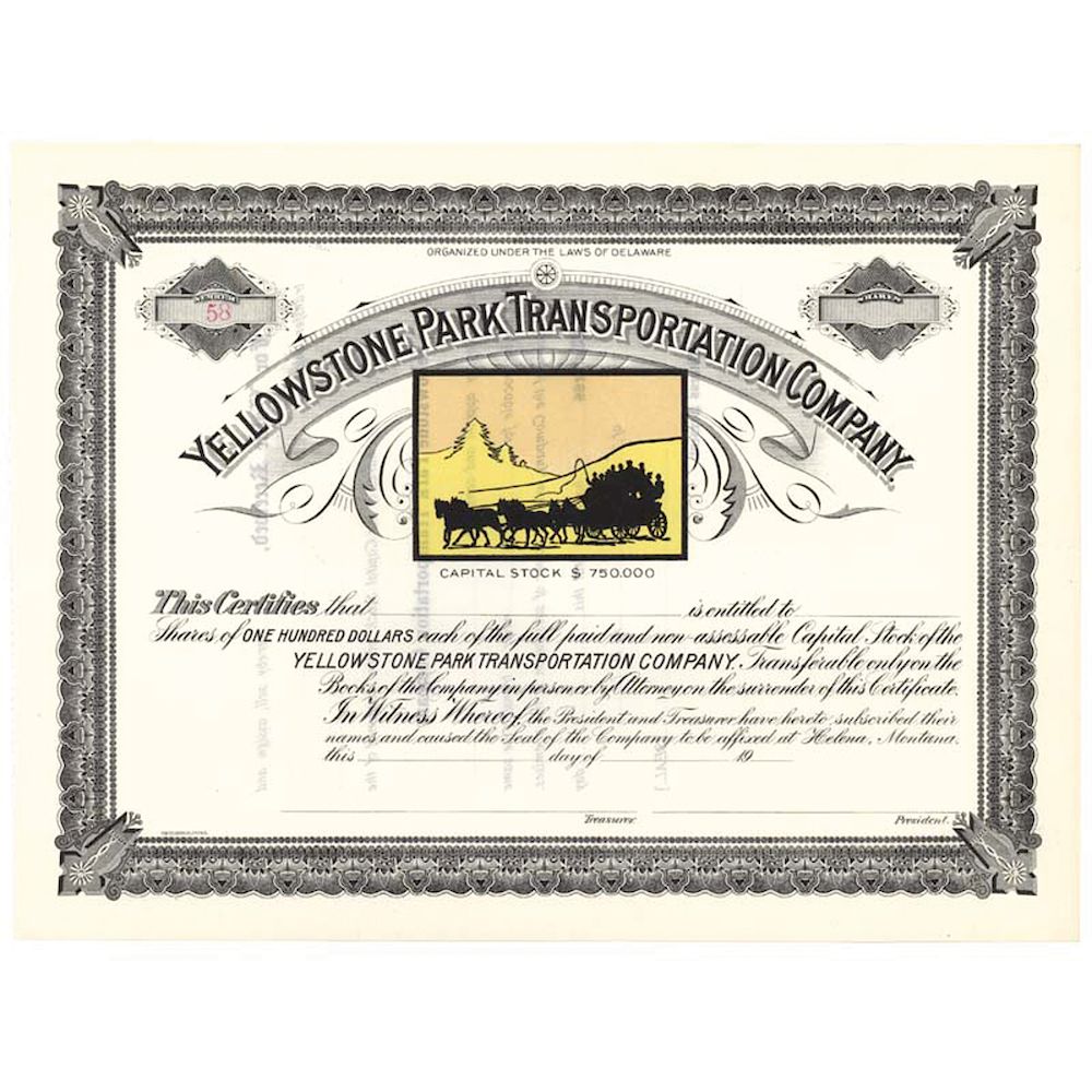 Appraisal: Scarce Undated and Unissued Yellowstone Park Transportation Co Stock Certificate