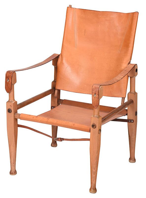 Appraisal: Modern Leather Upholstered Beechwood Campaign Chair circa 's brown leather