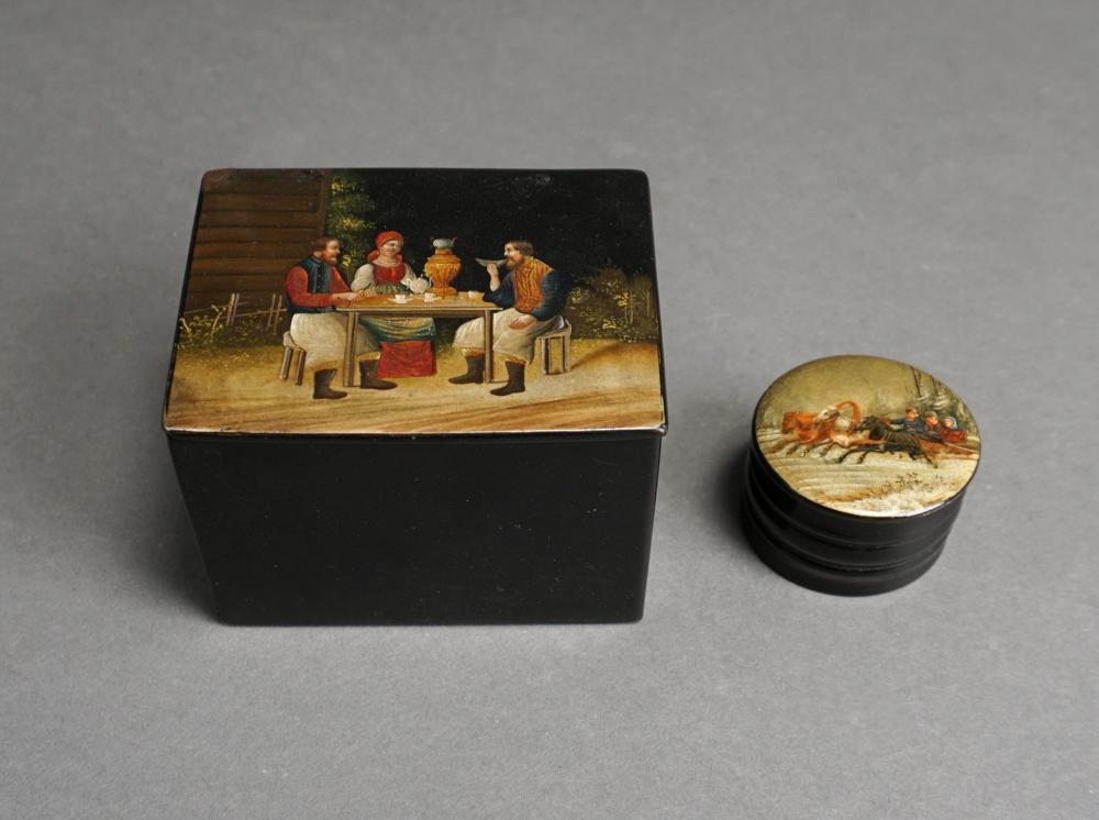 Appraisal: RUSSIAN LACQUER TEA CADDY TH CENTURY AND A CYLINDRICAL BOXRussian