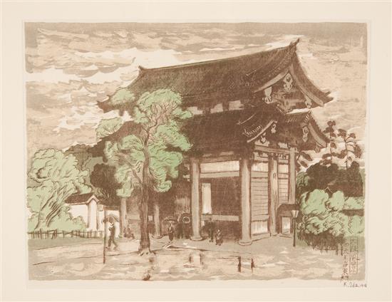 Appraisal: Oda Kazuma Japanese - Temple in Rainstorm color lithograph signed