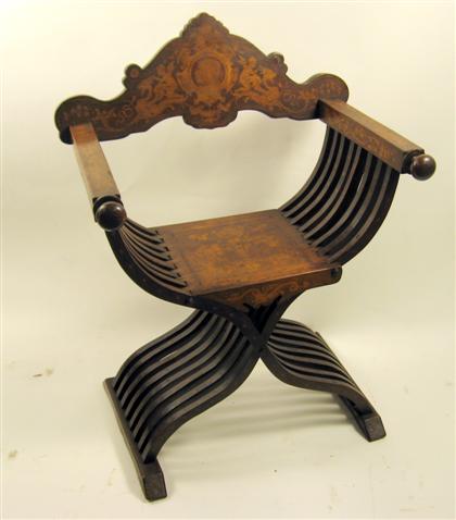 Appraisal: Italian carved walnut and marquetry savonarola chair th century The