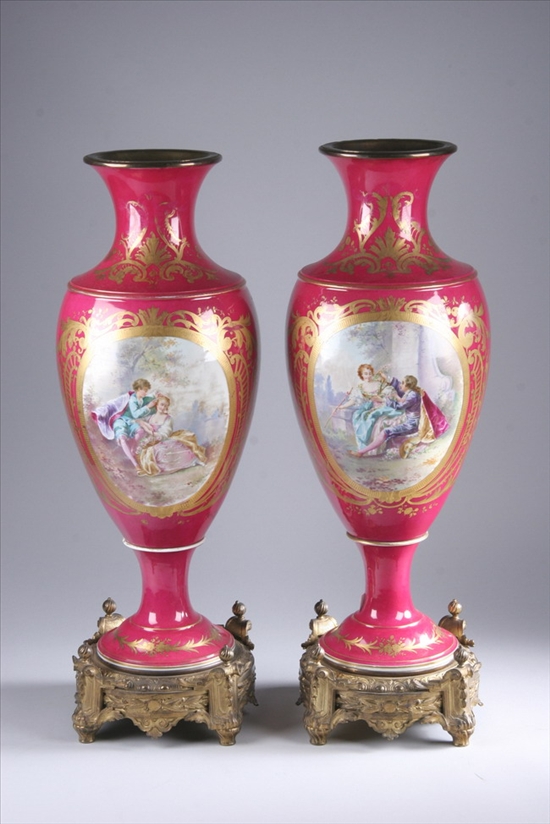 Appraisal: PAIR GILT METAL-MOUNTED S VRES-STYLE PORCELAIN VASES late th century