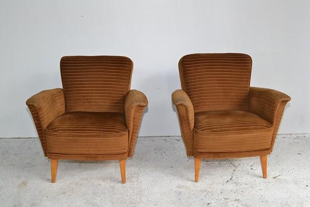 Appraisal: PAIR OF 'S BROWN FABRIC FLARED ARMCHAIRS