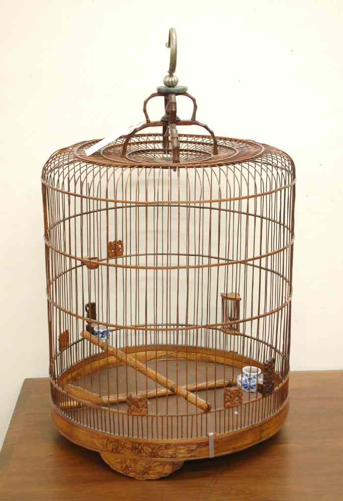 Appraisal: A LARGE CHINESE BIRD MARKET BIRDCAGE of cylindrical wood and