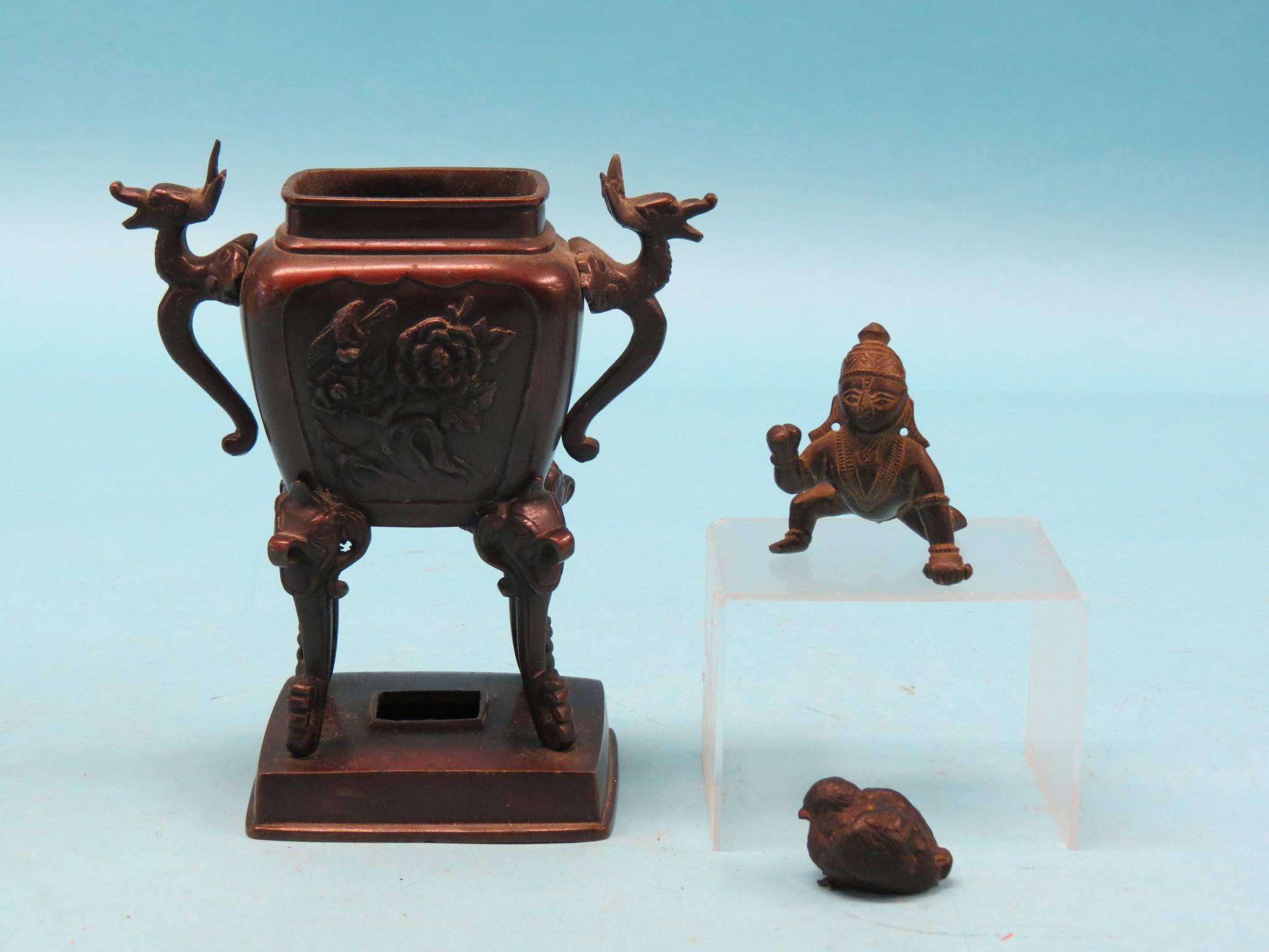 Appraisal: A Japanese bronze Koro twin-handled in and a similar figure