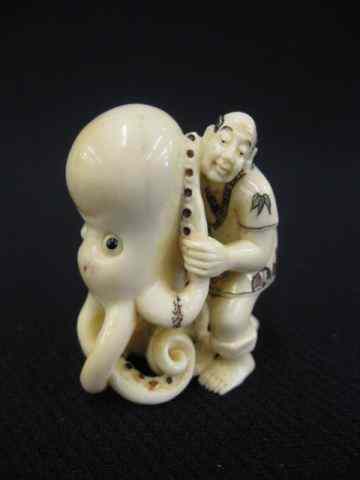 Appraisal: Carved Ivory Netsuke of Man with Huge Octopus '' signed