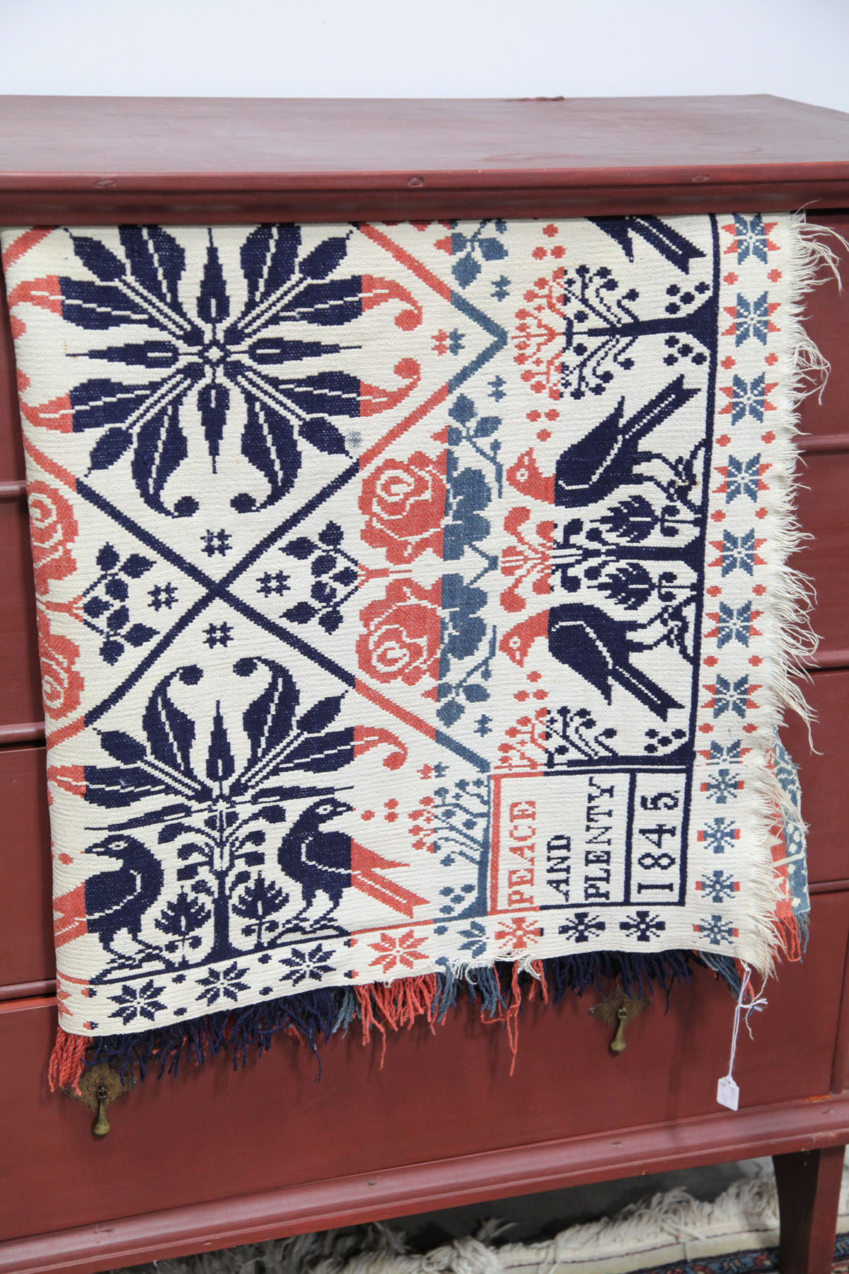 Appraisal: COVERLET American mid th century Red blue and natural coverlet