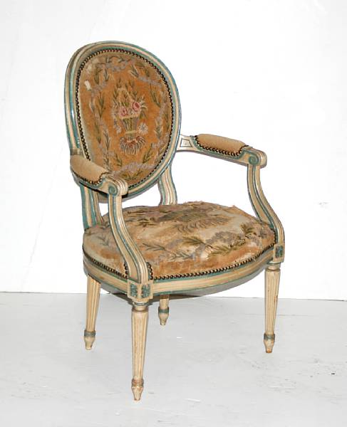 Appraisal: A Louis XVI style painted fauteuil height in width in