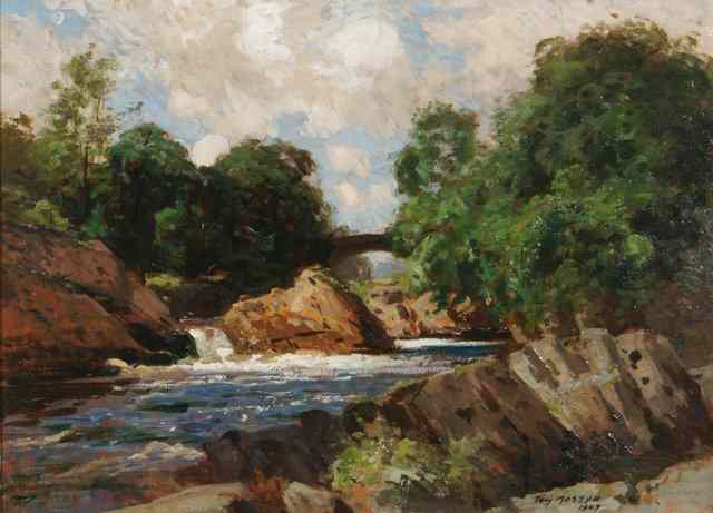 Appraisal: TOM MOSTYN - A river landscape with stone bridge signed