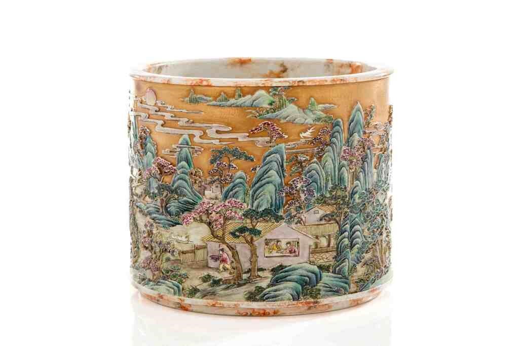 Appraisal: Chinese cylindrical enamel brush pot featuring a farming village in