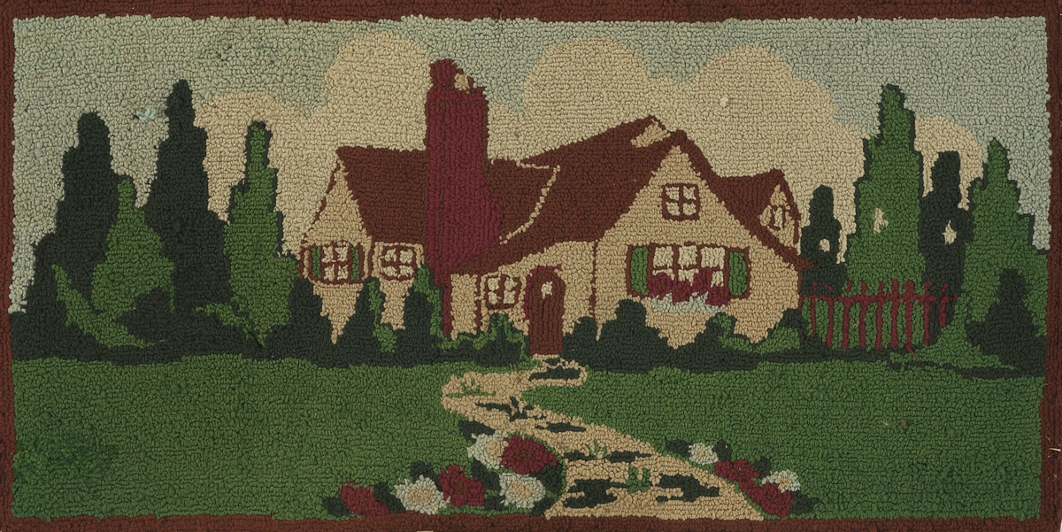 Appraisal: MOUNTED HOOKED RUG x Depicting a house and trees