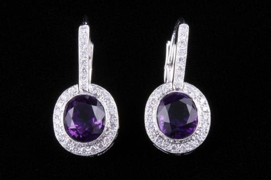 Appraisal: PAIR K WHITE GOLD AMETHYST AND DIAMOND EARRINGS Flexible amethyst