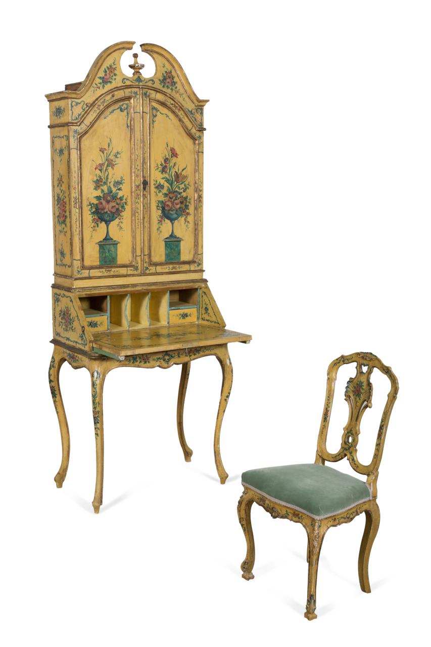 Appraisal: VENETIAN STYLE FLORAL PAINTED SECRETARY W CHAIR Italian Venetian style