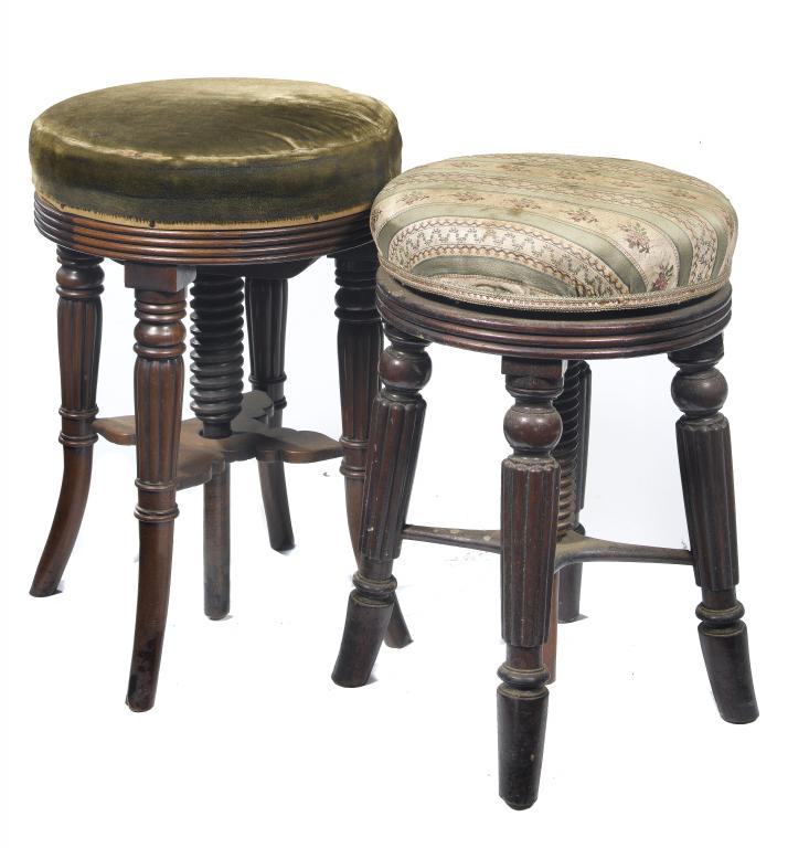 Appraisal: TWO VICTORIAN MAHOGANY PIANO STOOLS on lotus turned and reeded