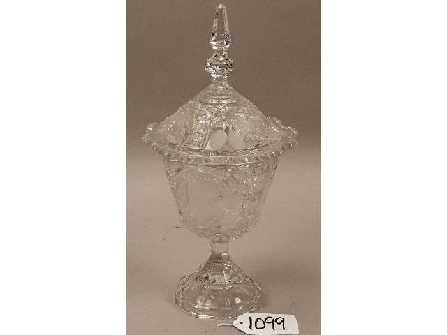 Appraisal: European large cut and etched footed and lidded glass candy