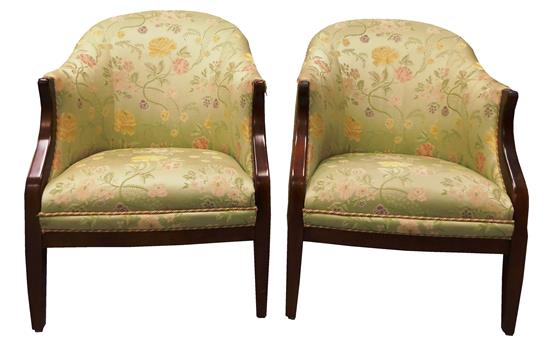 Appraisal: Pair Chinoiserie style barrel back arm chairs celadon green upholstery