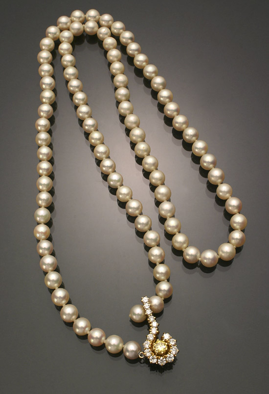 Appraisal: Matinee Length Cultured Pearl Diamond and Fancy-Colored Diamond Necklace Knotted