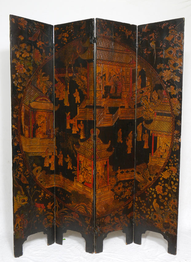 Appraisal: PANEL COROMANDEL FOLDING SCREEN Black lacquer with carved and polychrome