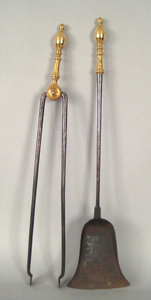 Appraisal: Pair of Federal brass and iron double lemon top firetools