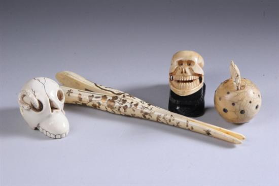 Appraisal: JAPANESE IVORY CARVED SKULL Together with three other carvings -