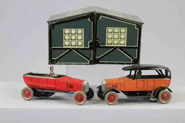 Appraisal: BING GARAGE WITH TWO AUTOS Germany lithographed tin two bay