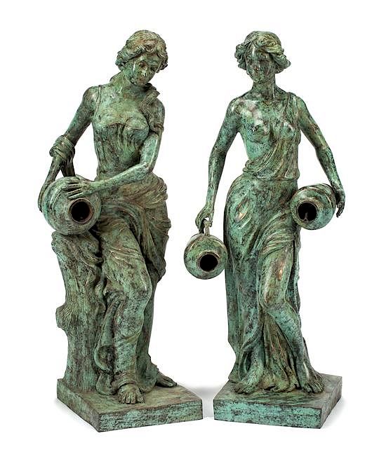 Appraisal: A Pair of Patinated Bronze Fountain Figures Height inches A