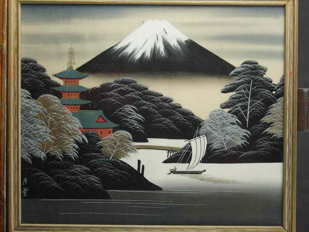 Appraisal: PAIR JAPANESE WATERCOLORS ON SILK - Views of Mt Fuji