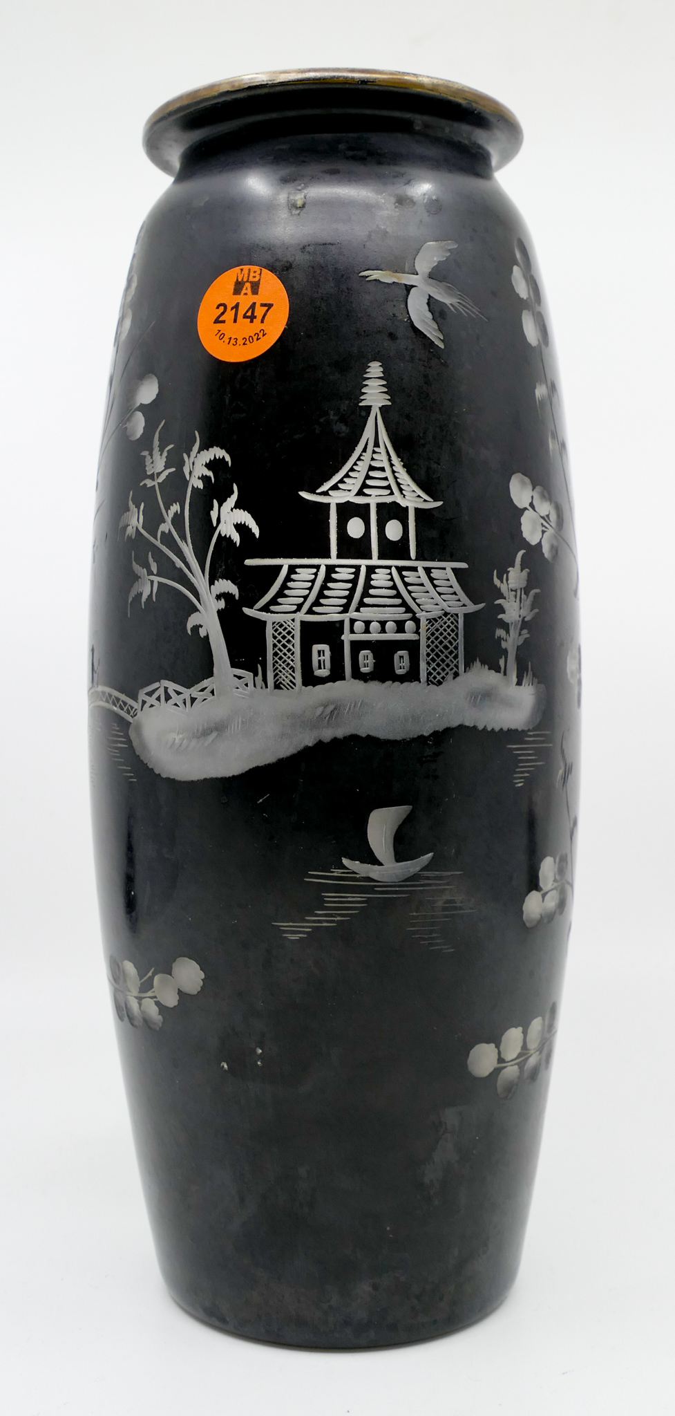 Appraisal: Hawkes Chinoiserie Etched Glass Vase '' - Marked