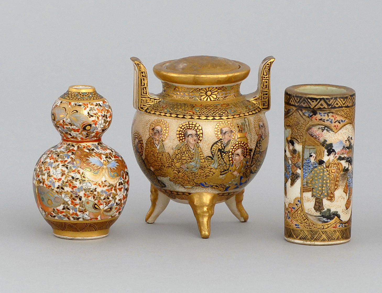 Appraisal: THREE PIECES OF MINIATURE SATSUMA PORCELAIN Includes cylindrical toothpick holder