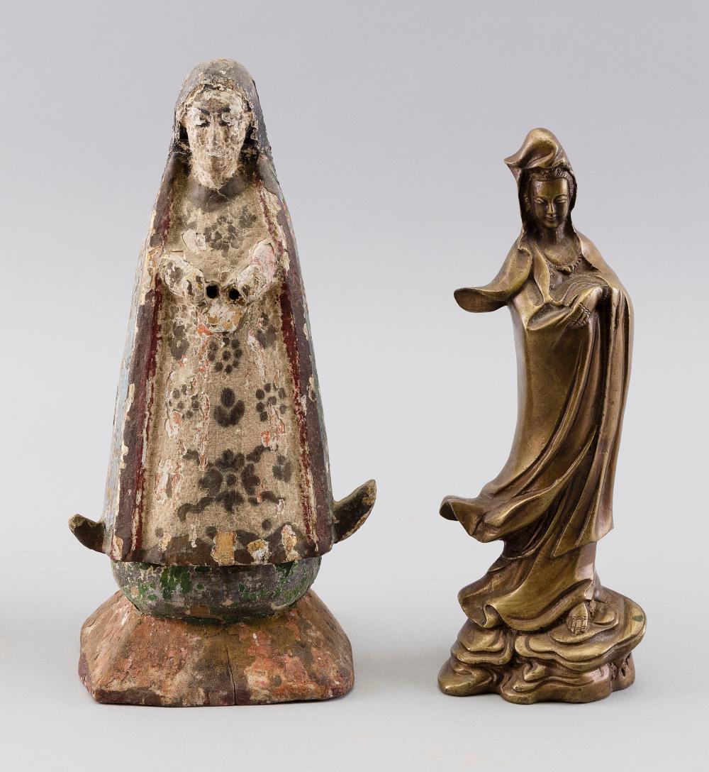 Appraisal: TWO FIGURAL SCULPTURESTWO FIGURAL SCULPTURES th Century Chinese bronze Guanyin