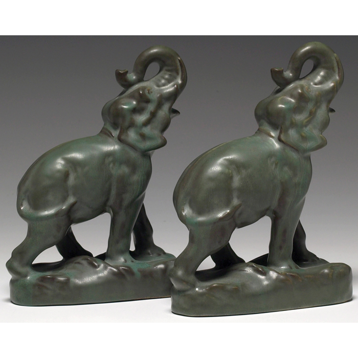 Appraisal: Unusual Rookwood bookends pair elephants with raised trunks in a