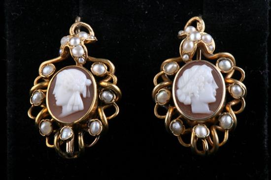 Appraisal: PAIR VICTORIAN K YELLOW GOLD CARVED SHELL CAMEO AND PEARL