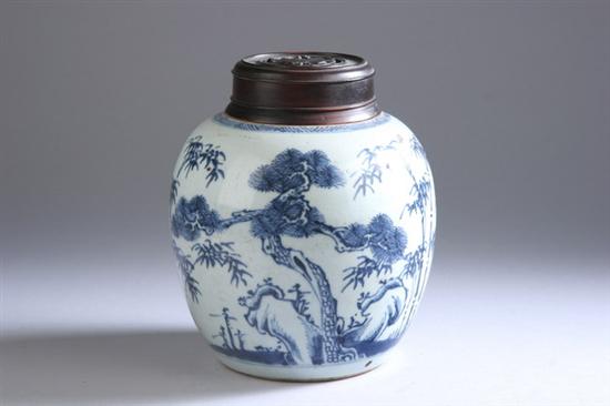 Appraisal: CHINESE BLUE AND WHITE PORCELAIN JAR Qing dynasty Bamboo flowering