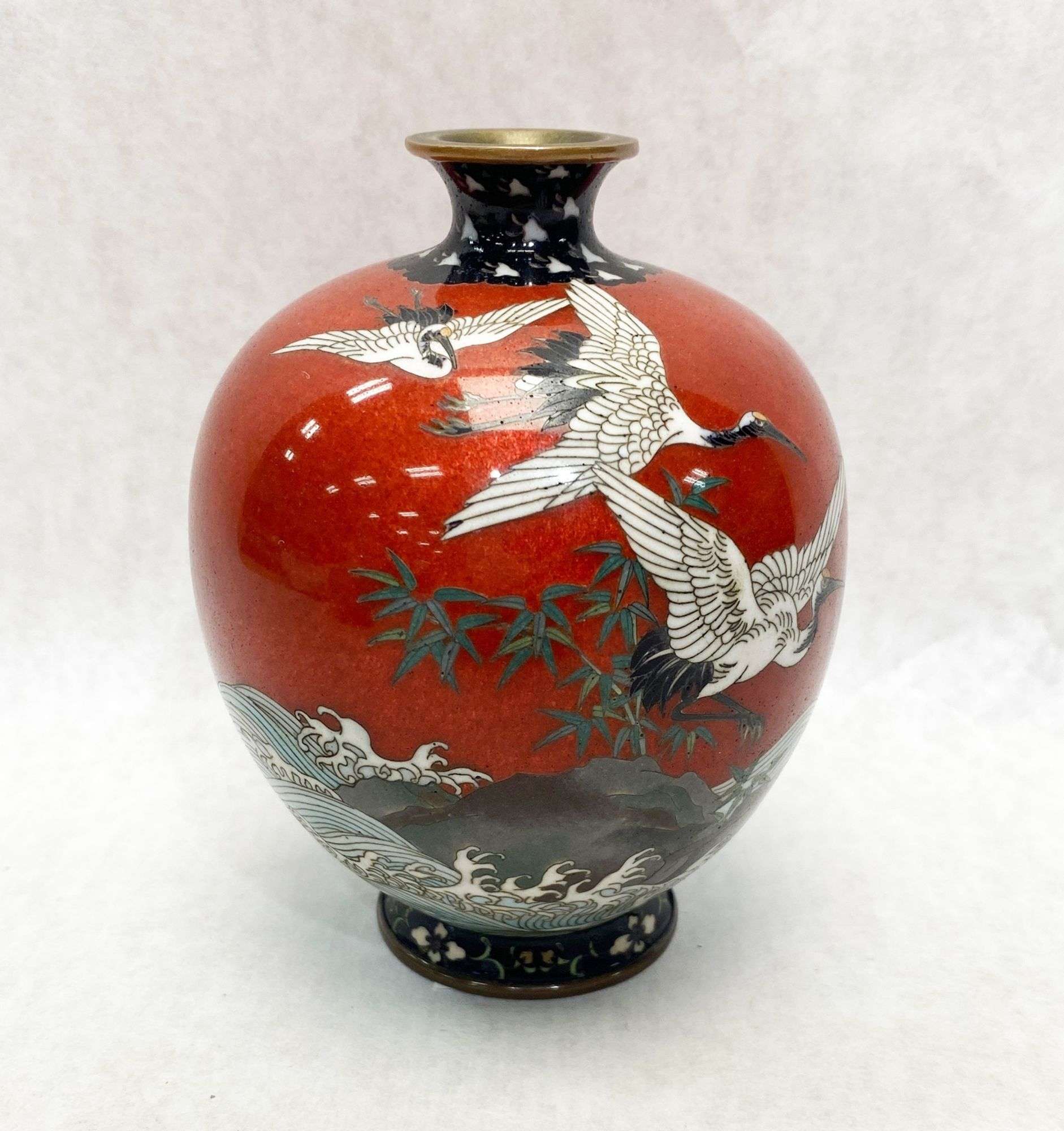 Appraisal: Meiji Period Japanese Cloisonne vase with Flying Cranes tall Condition