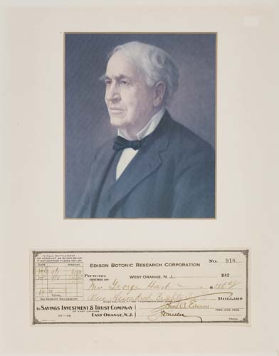 Appraisal: EDISON THOMAS A Check Signed as Edison Botonic Research Corporation