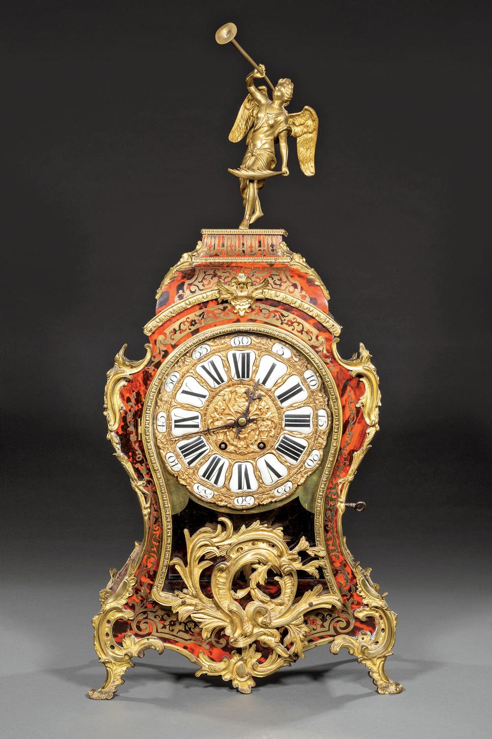 Appraisal: Louis XV-Style Boullework Bracket Clock archangel Michael finial repouss dial