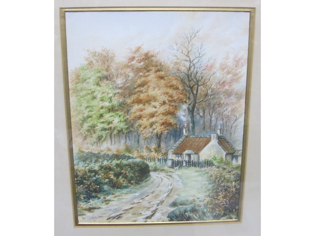 Appraisal: Watercolour of a country lane with a cottage