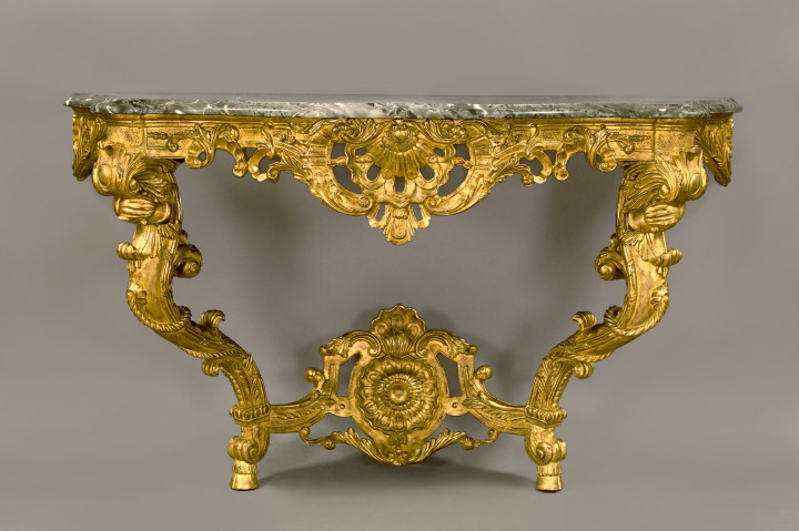 Appraisal: Pair of Louis XV-Style Giltwood and Marble-Top Consoles each with