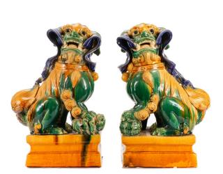 Appraisal: Pair of Chinese Sancai Glazed Foo Dogs Tall Chinese th