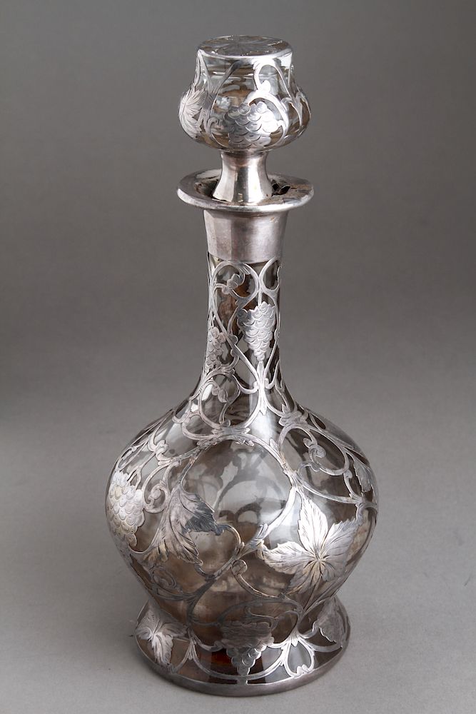 Appraisal: Sterling Silver Overlay Glass Decanter Grape Motif Sterling silver-clad overlay